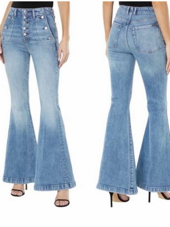 7 For All Mankind Denim - 7 For All Mankind Light Blue High-Rise Button Flare Jeans Portia Mega-flare